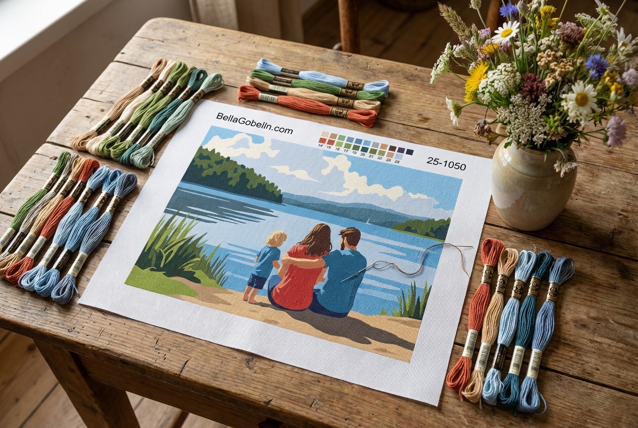 Family atmosphere by the lake with a needlepoint tapestry