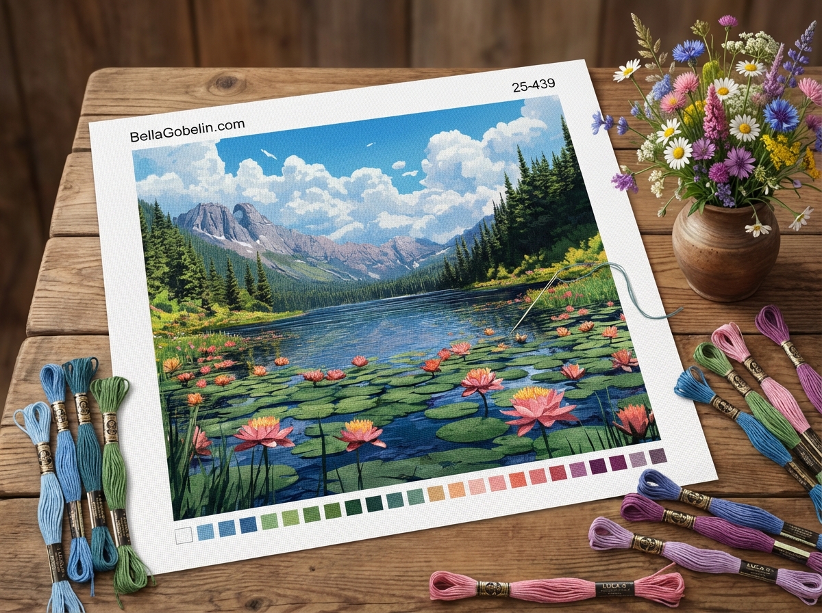 Lotus flowers in the mountain lake