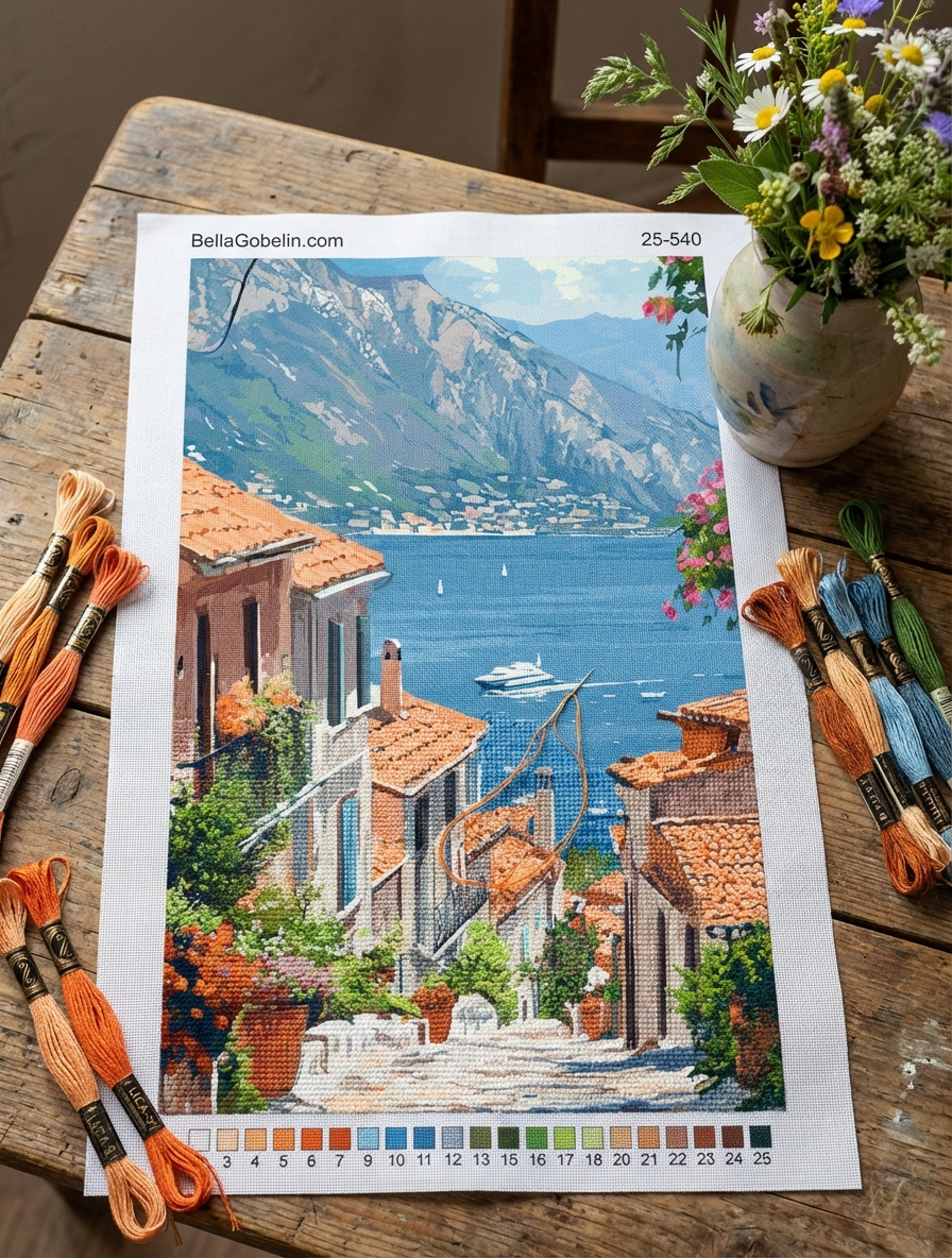 Mediterranean street with sea view and flowers