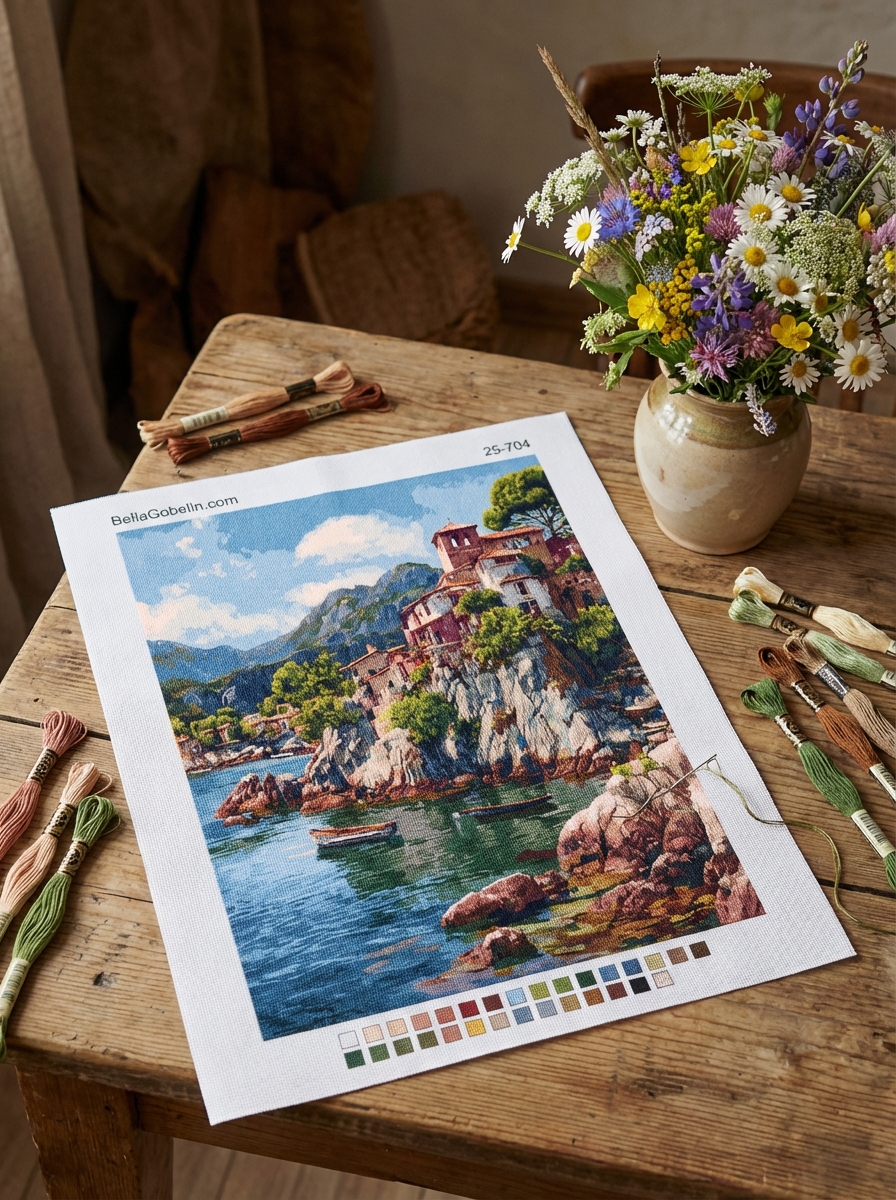 Houses on the rocky cliff - needlepoint tapestry