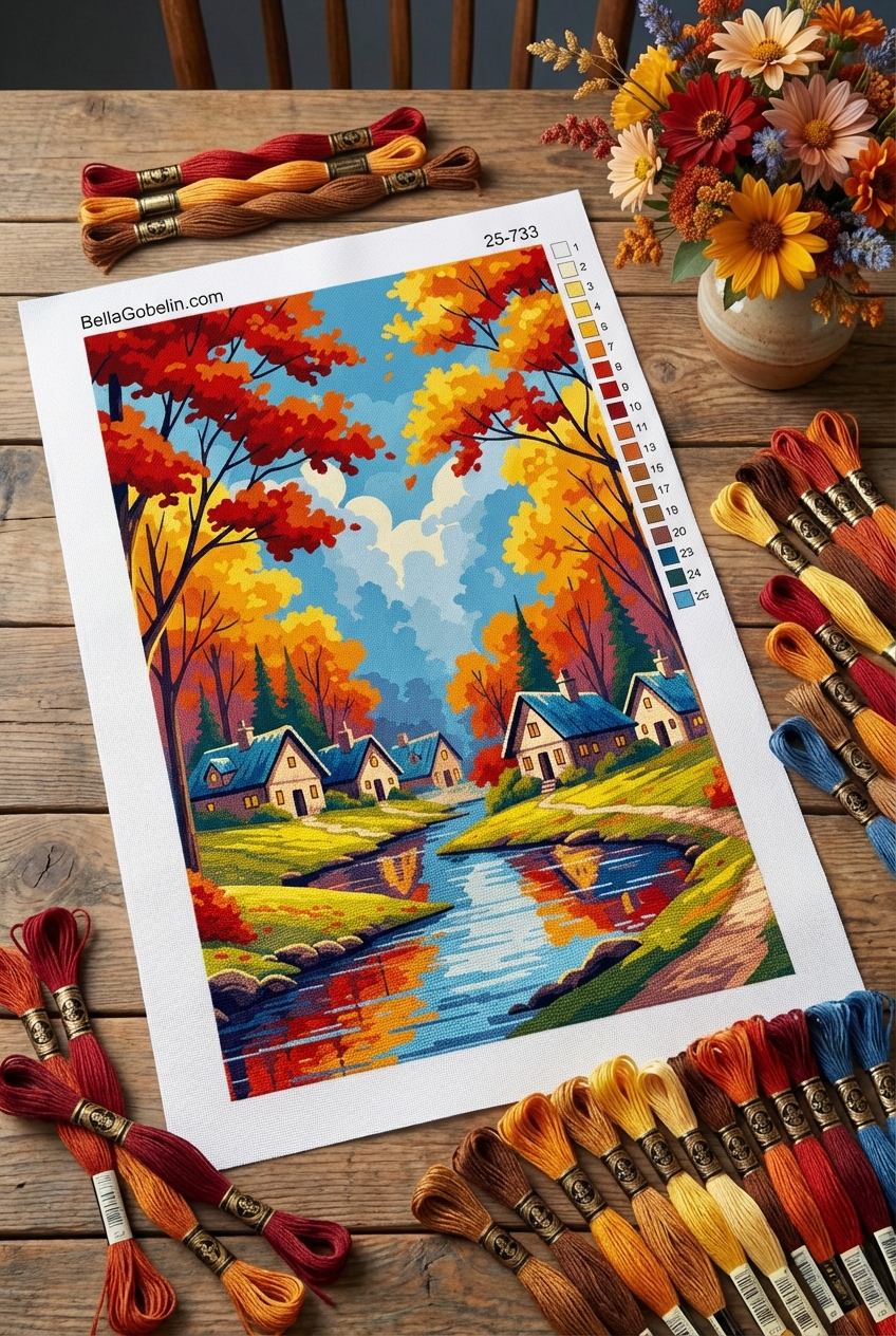 Autumn landscape in a forest village with a tapestry embroidery.