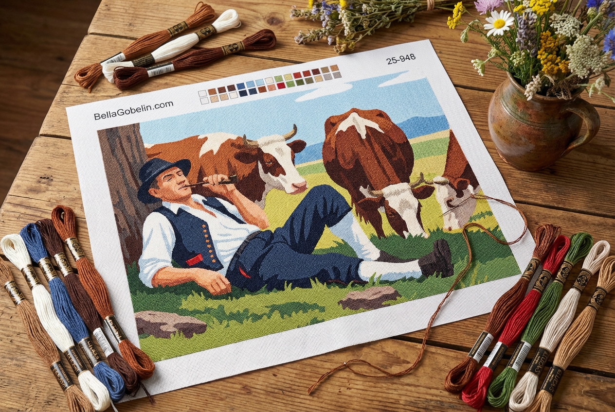 Relaxed cowboy on a buffalo plaid background