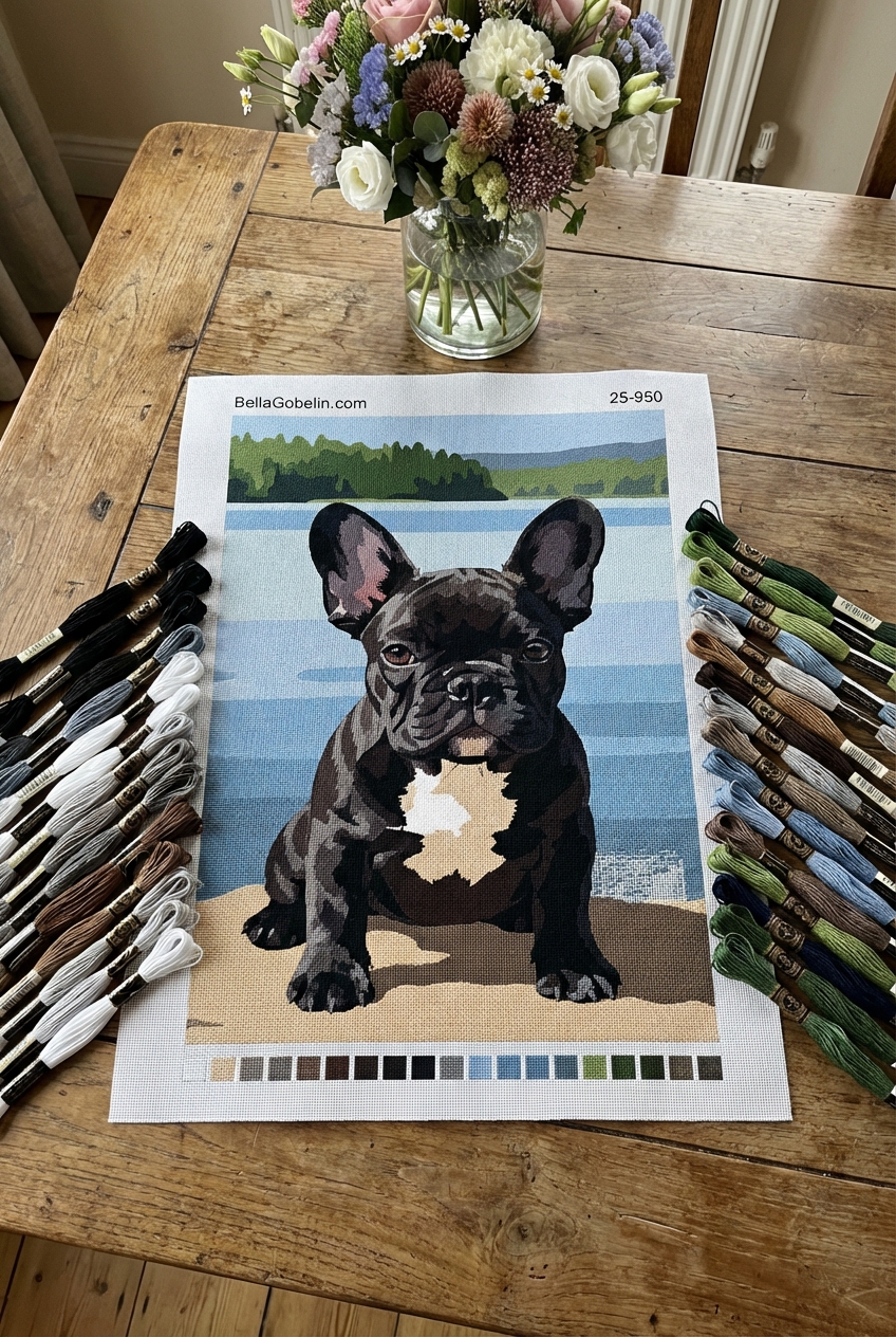Dog portrait - French Bulldog by the lake