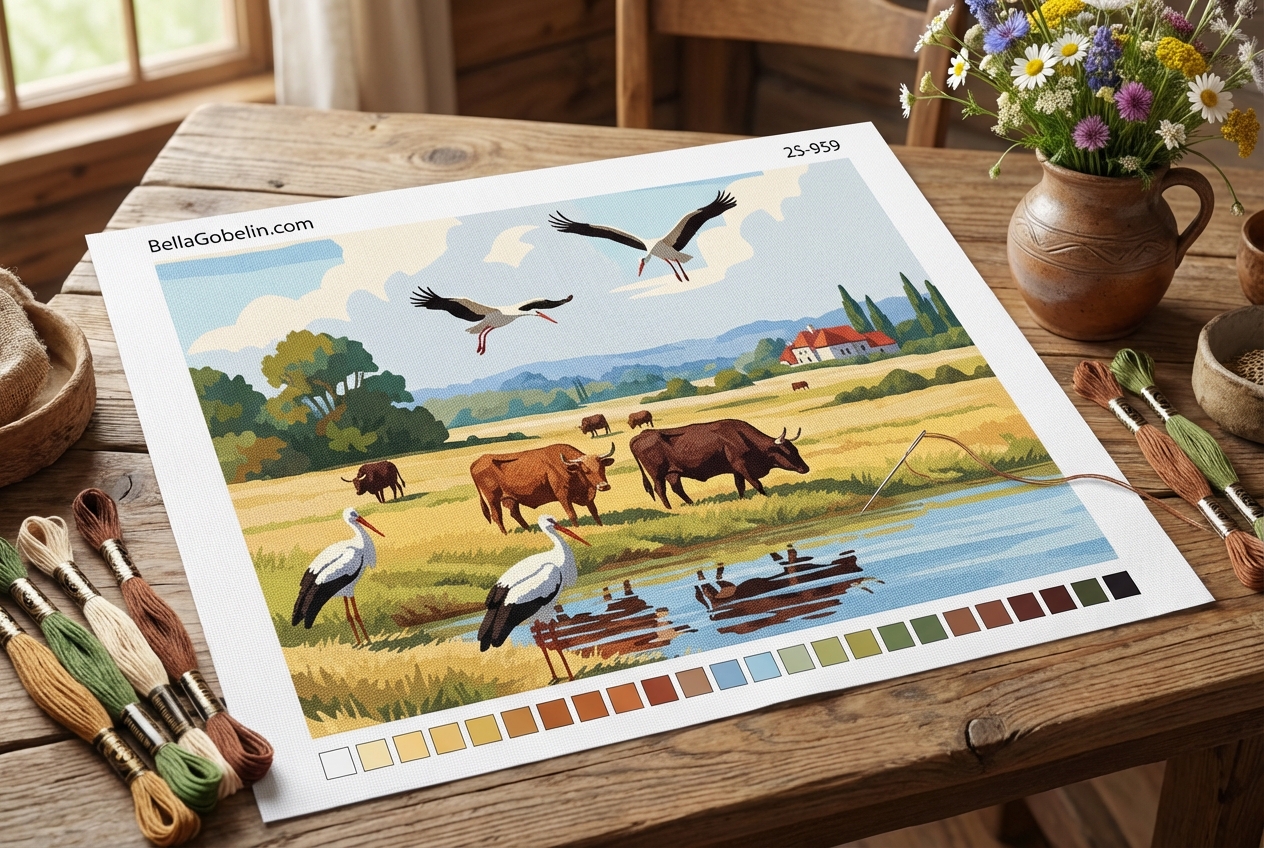 Cows and herons by the lake