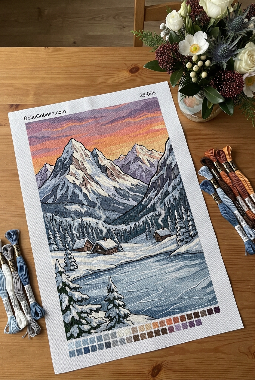 Mountain village by the frozen lake shore