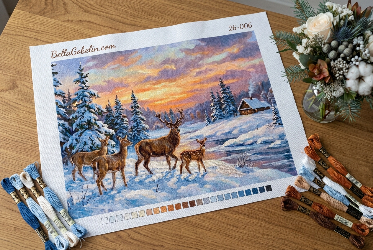 Elks in winter at the forest cabin