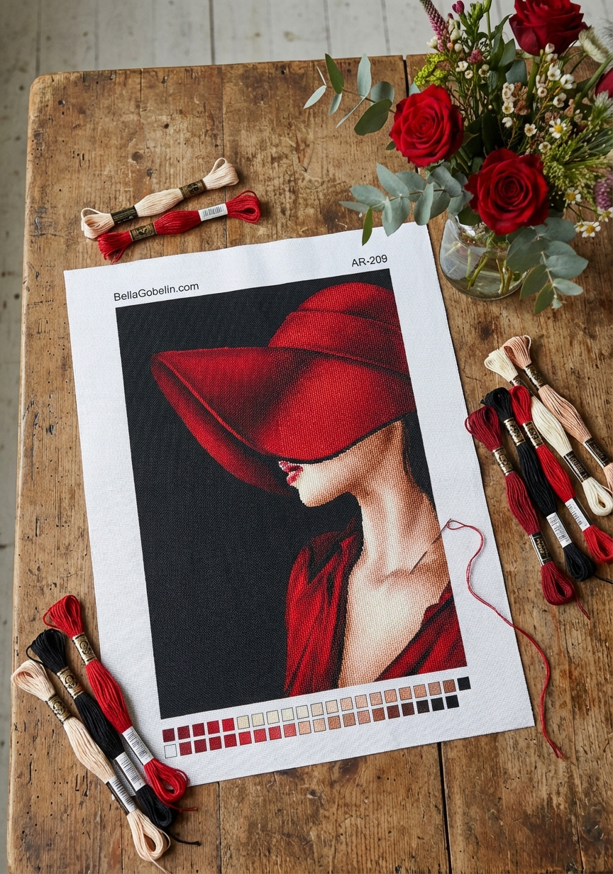 Lady in a burgundy hat
