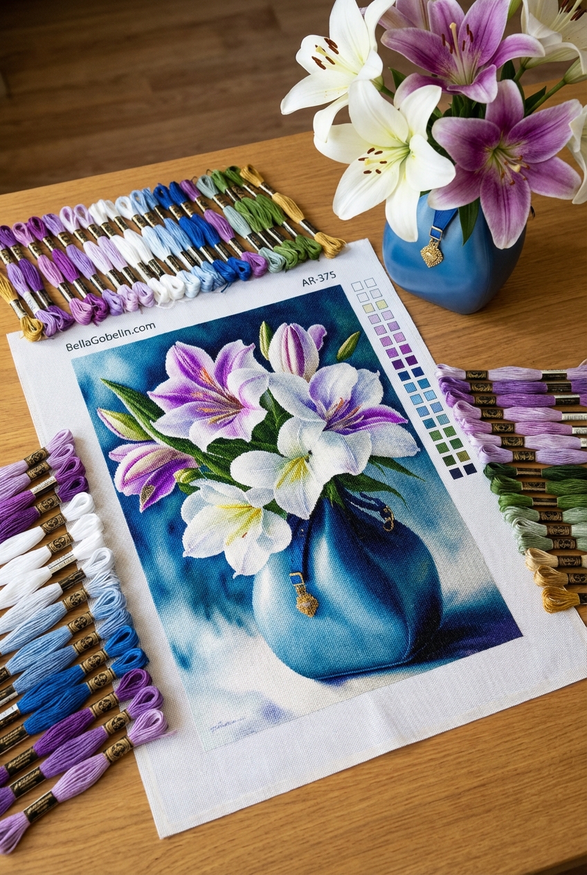 Lilies in a Vase - Needlepoint Gobelin Tapestry