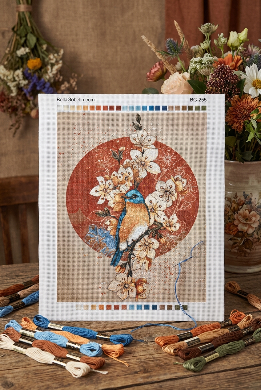 Blue small bird with flowers