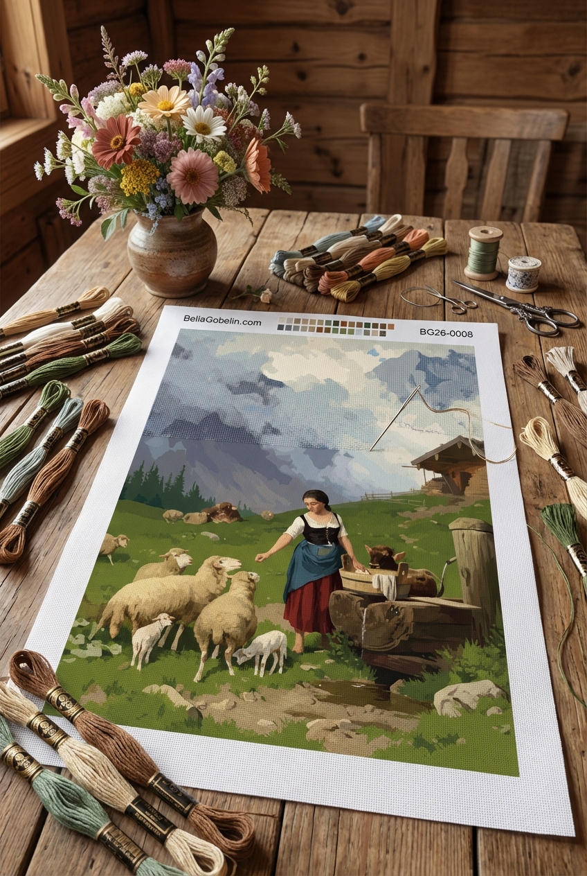 Alpine landscape with a washerwoman arranged as a needlepoint tapestry