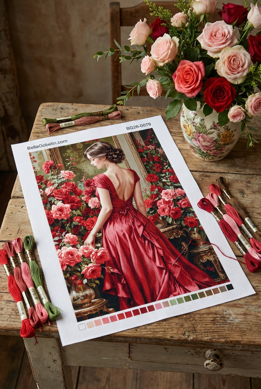 Woman in a red dress with roses