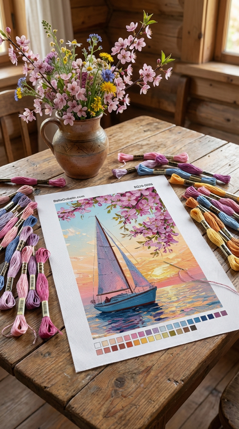 Sailboat with flowers at sunset