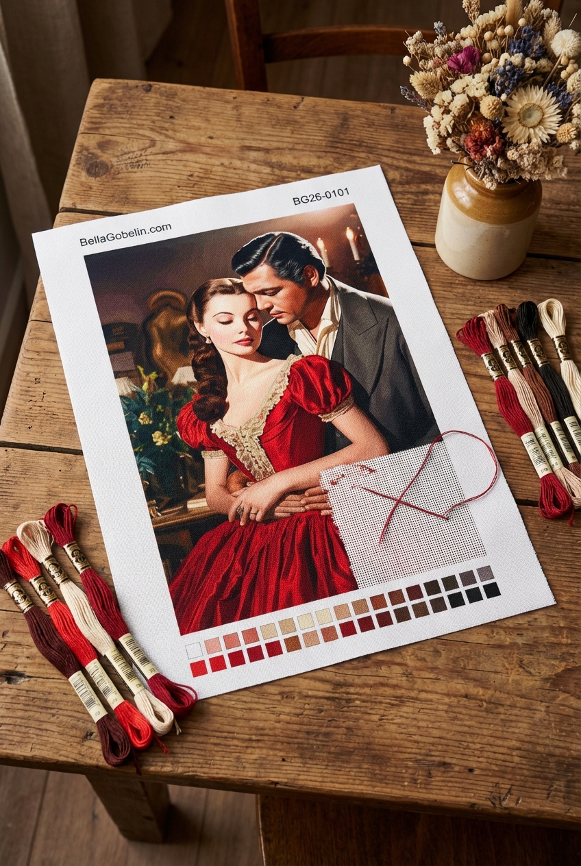 Romantic couple portrait in needlepoint tapestry style