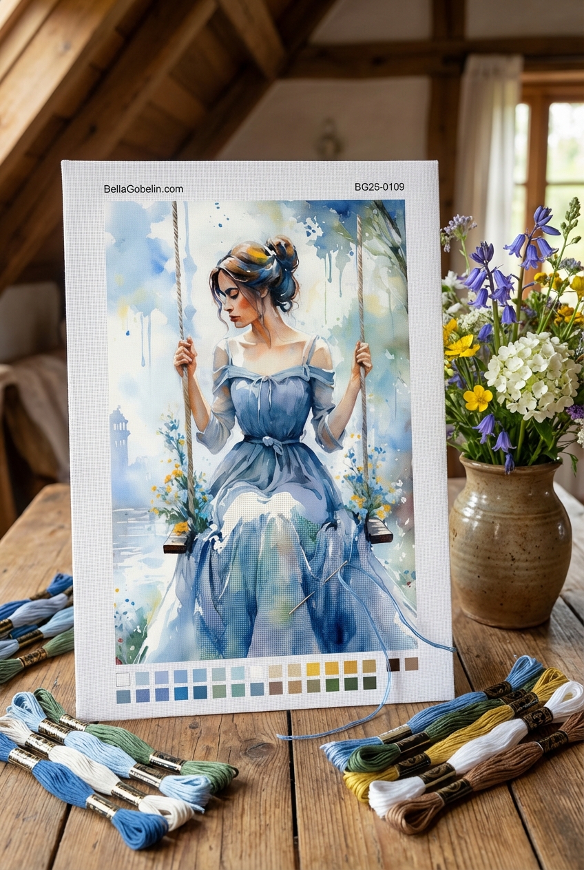 Girl on a Swing watercolor tapestry