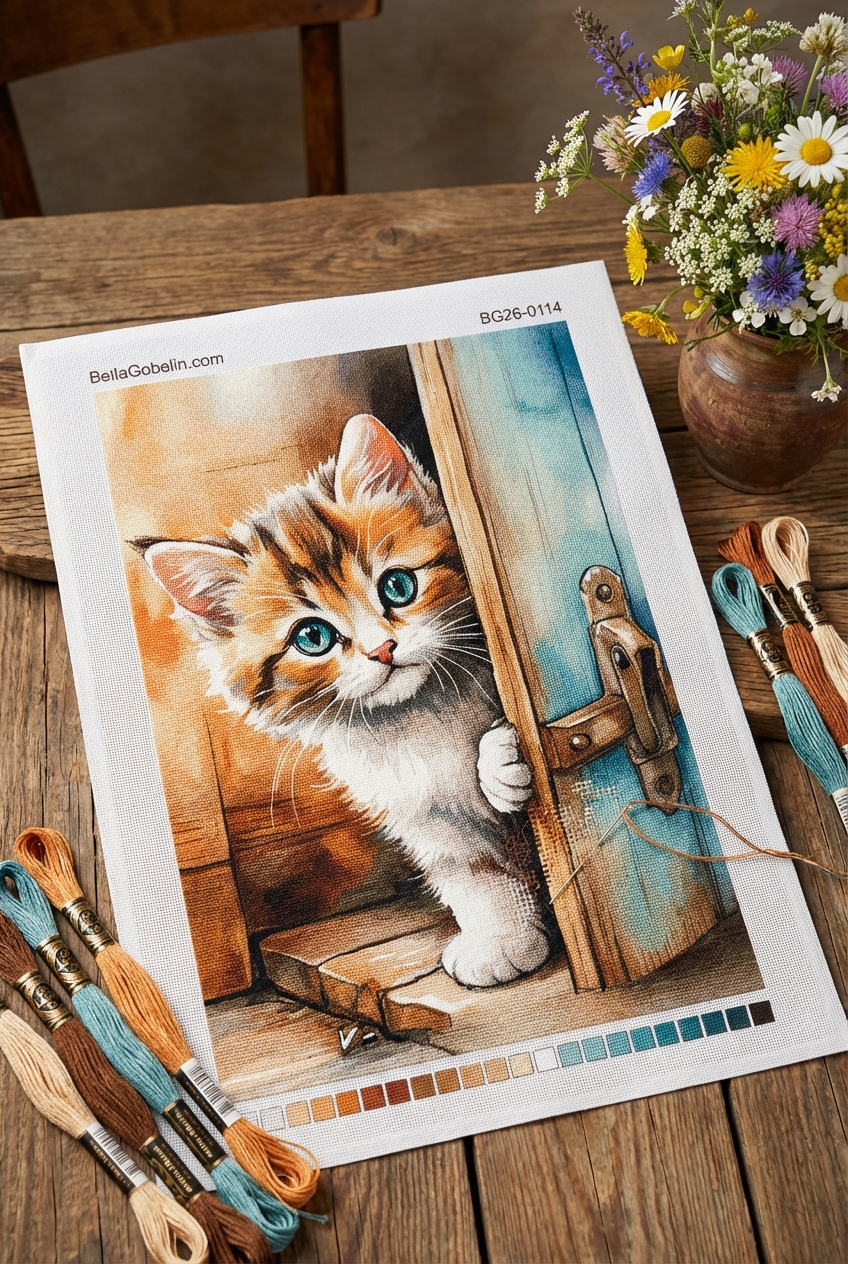 Kitten at the door on a needlepoint canvas
