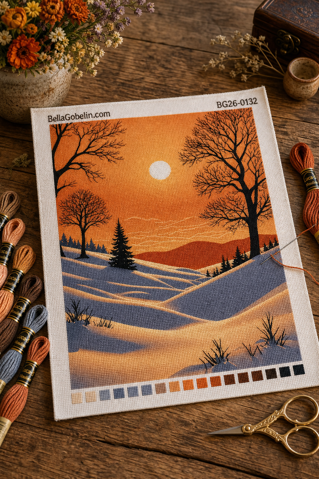 Winter landscape with an orange sky