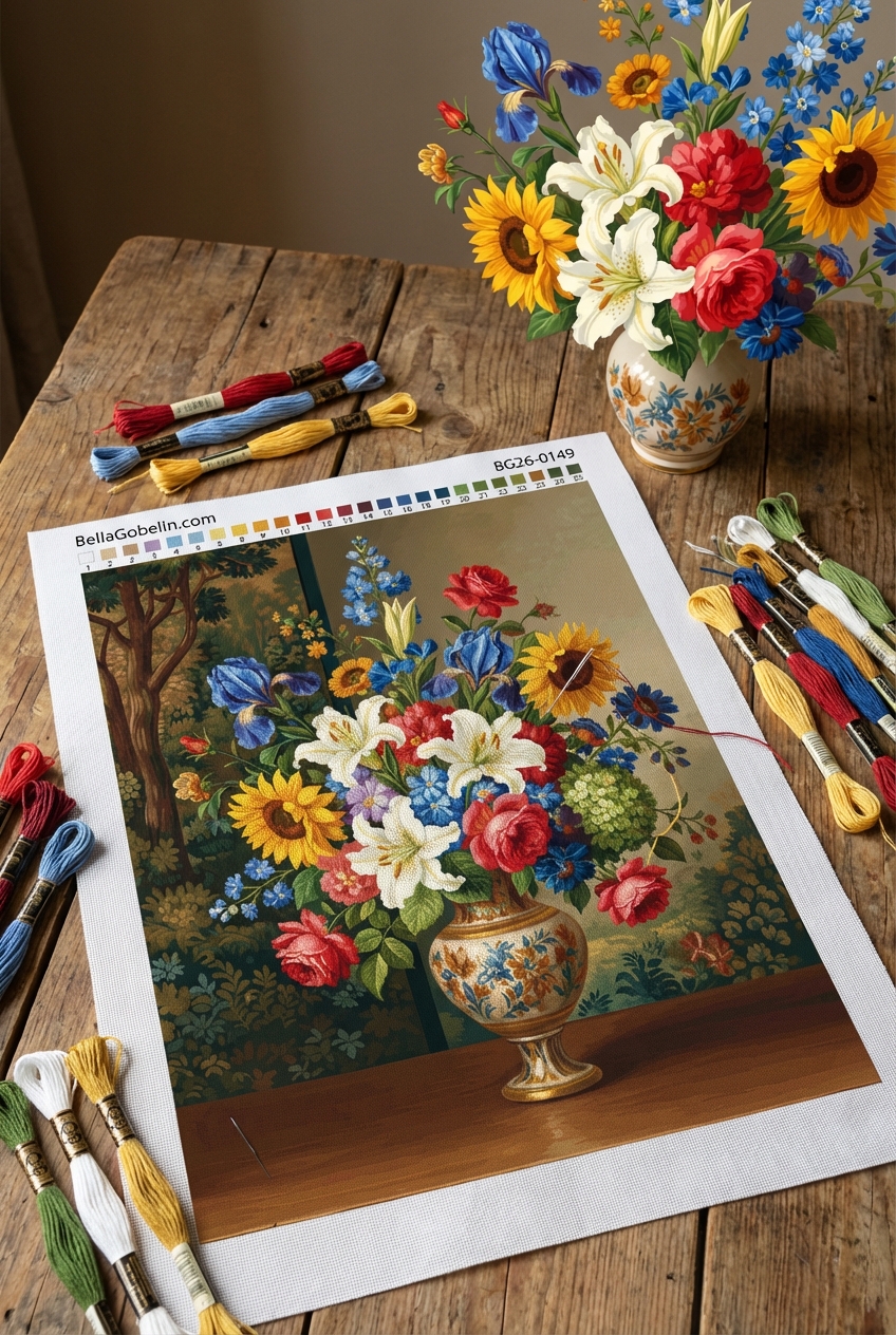 Still life with flowers and fruits