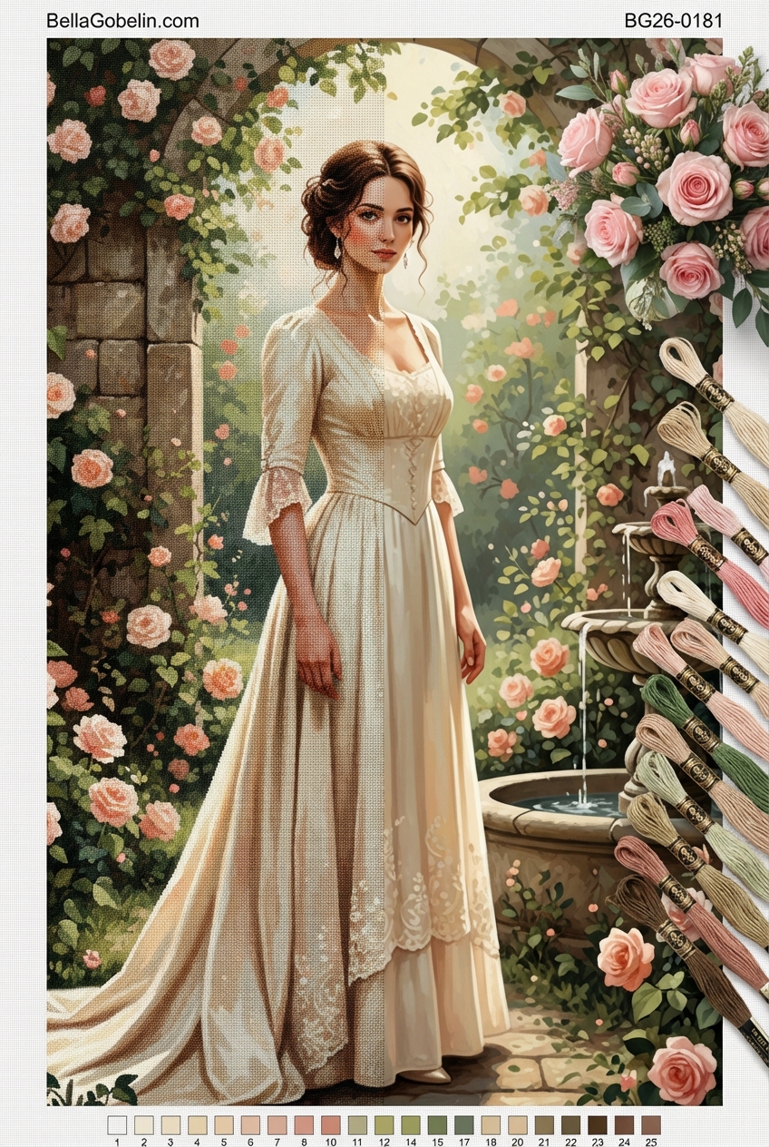 Lady at the rose garden fountain