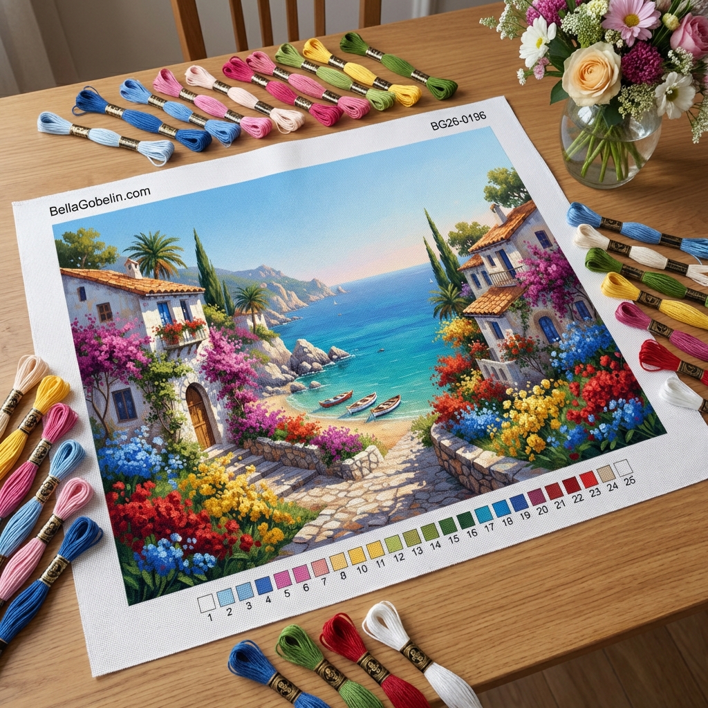 Mediterranean seaside houses with flowers