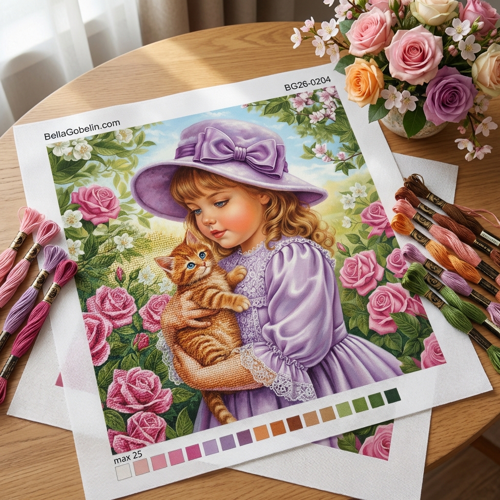 Little girl, kitten, rose garden, charming.
