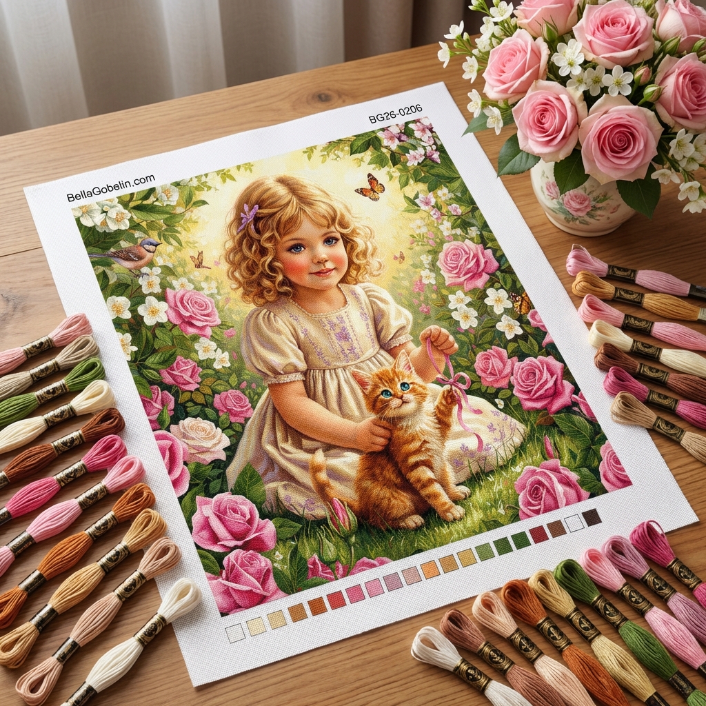 Little girl, kitten, rose garden idyll.