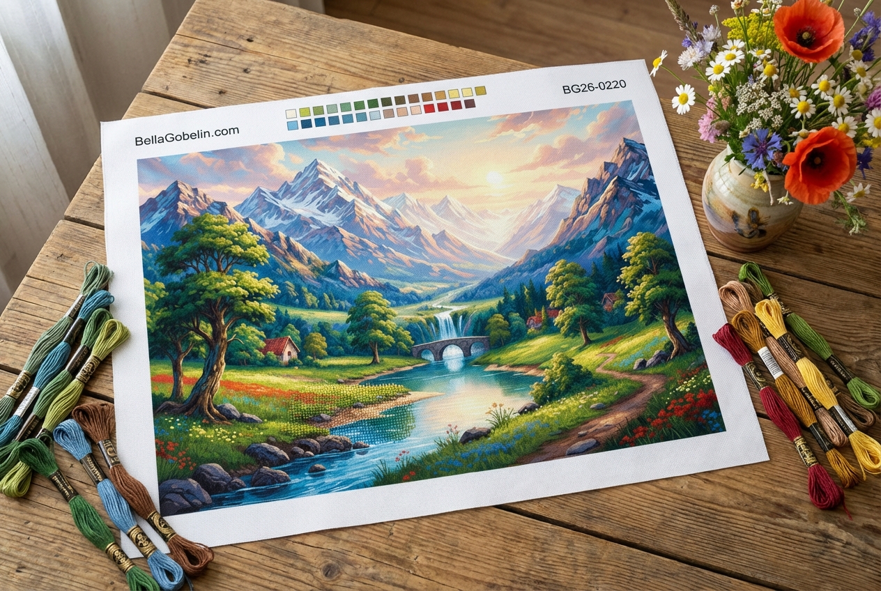 Mountain landscape with waterfall