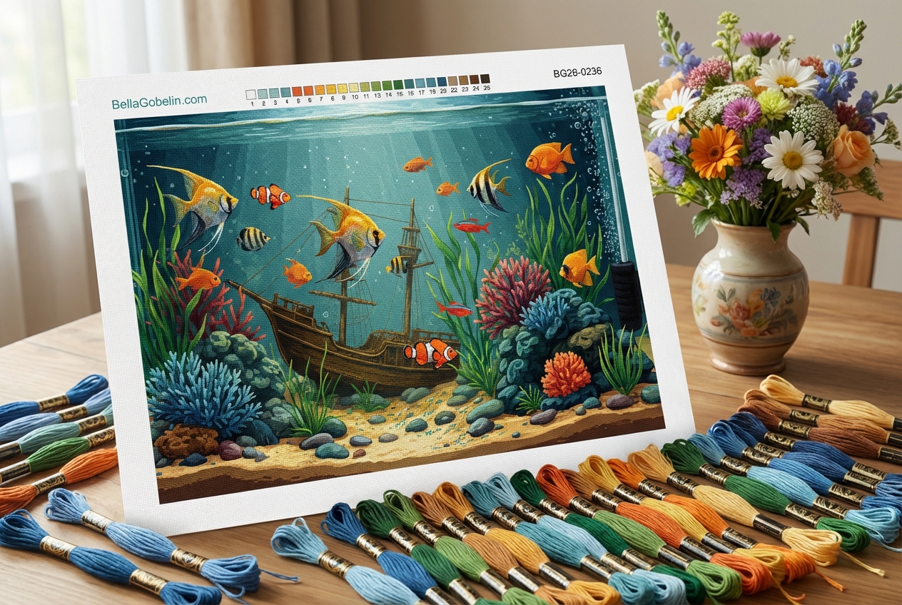 Aquarium with shipwreck gobelin