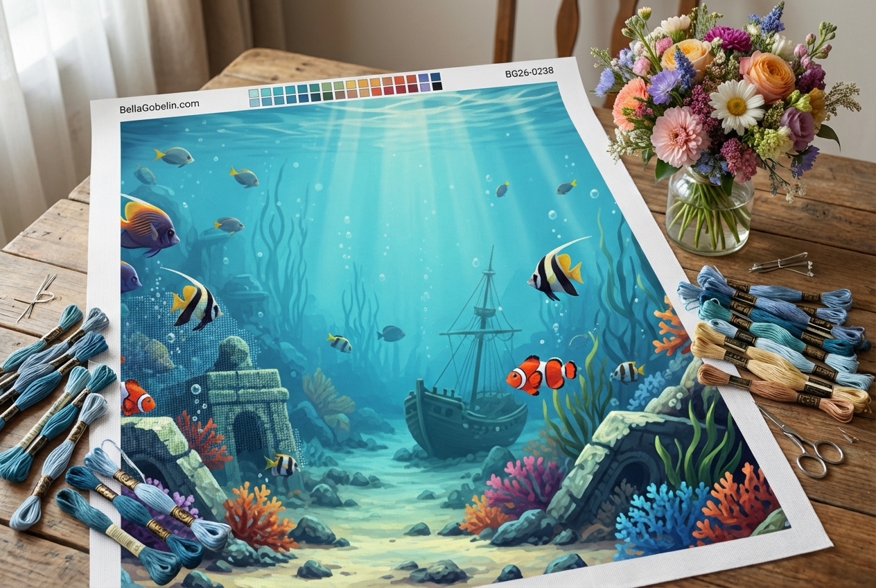 Marine life with shipwreck