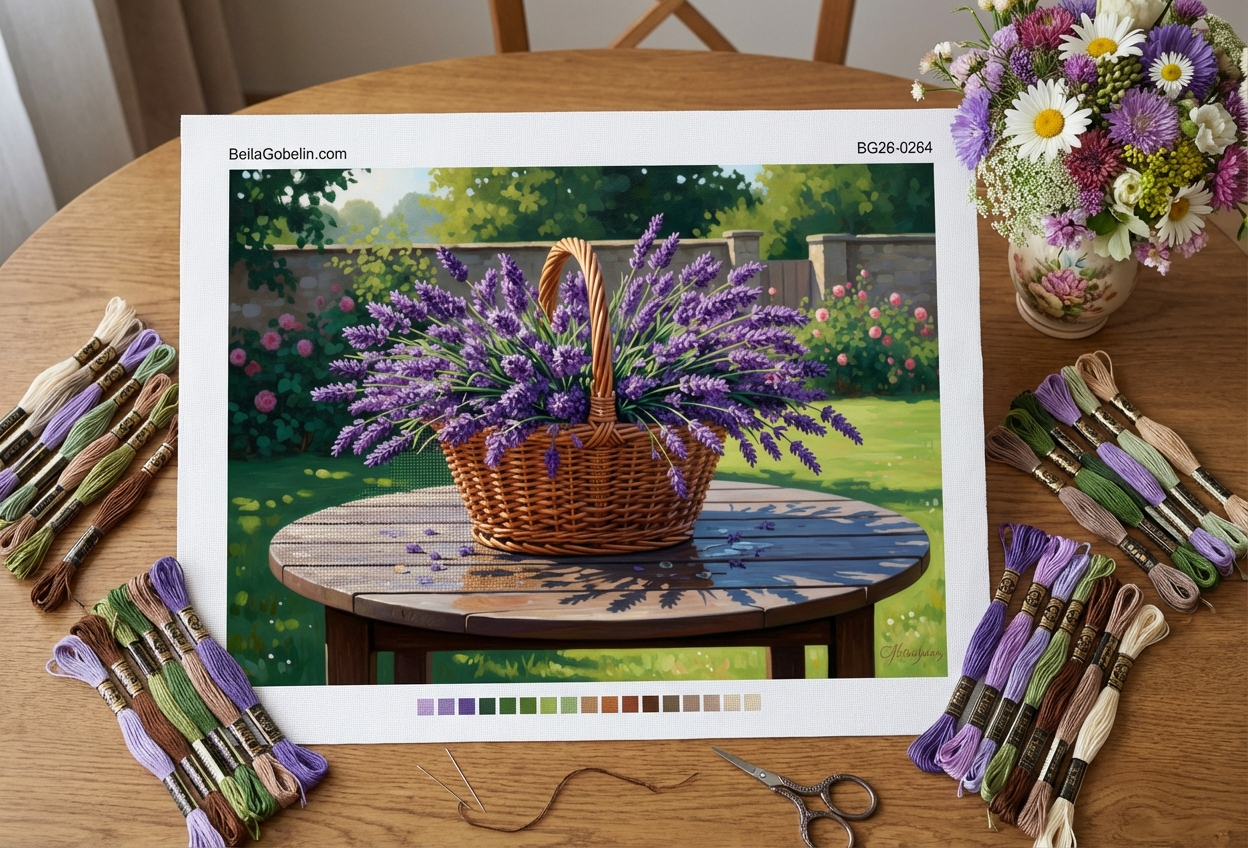 Lavender in a basket in the garden