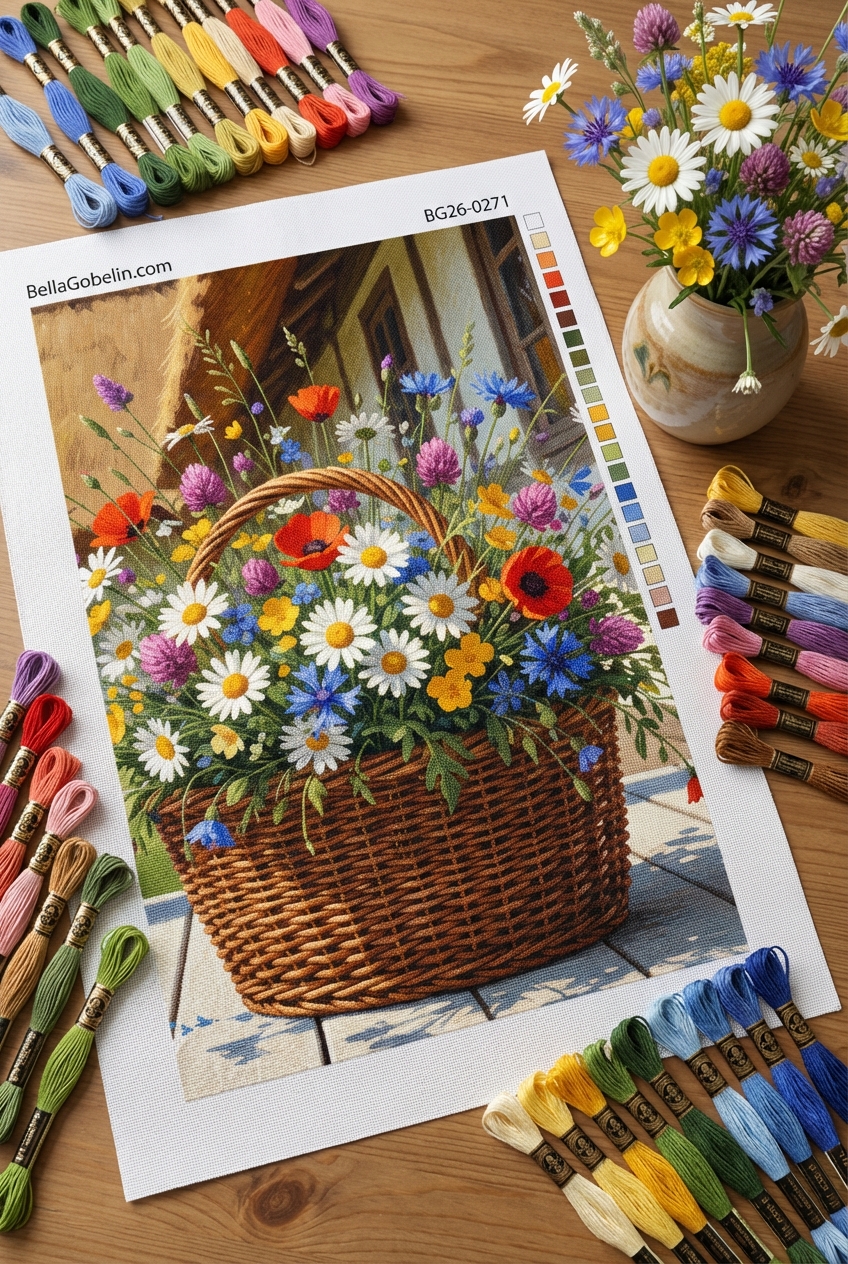 Flower basket in front of a country house