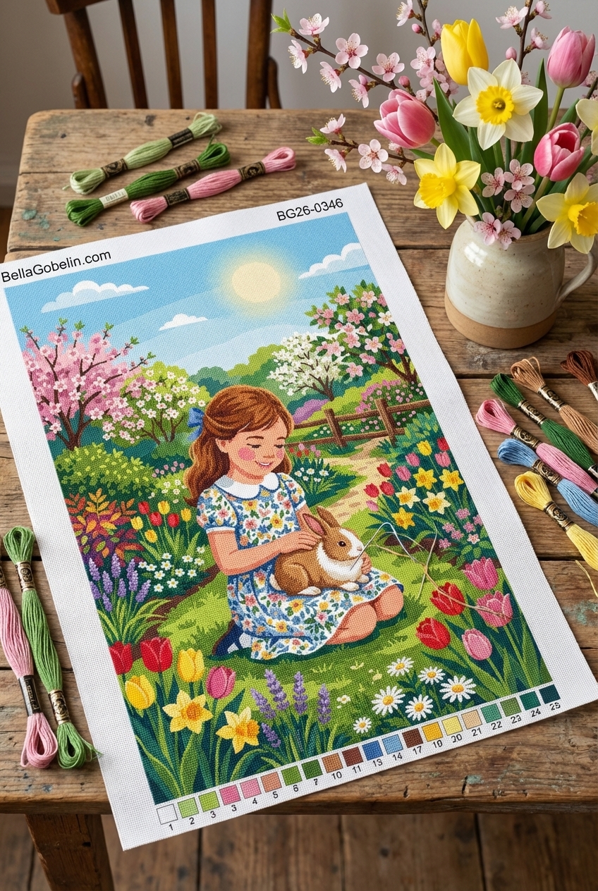 Girl bunny in a spring garden