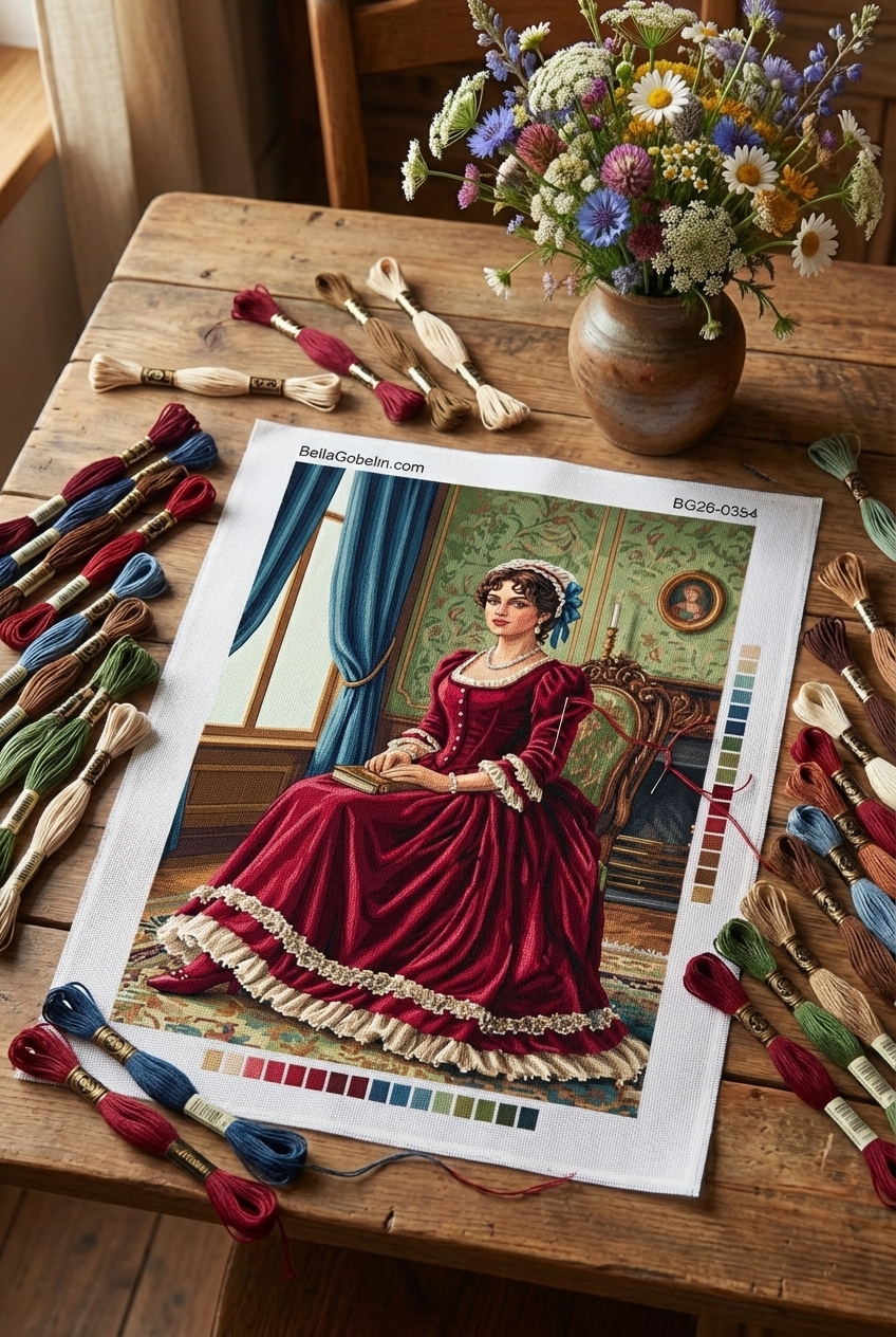 Lady in a burgundy dress