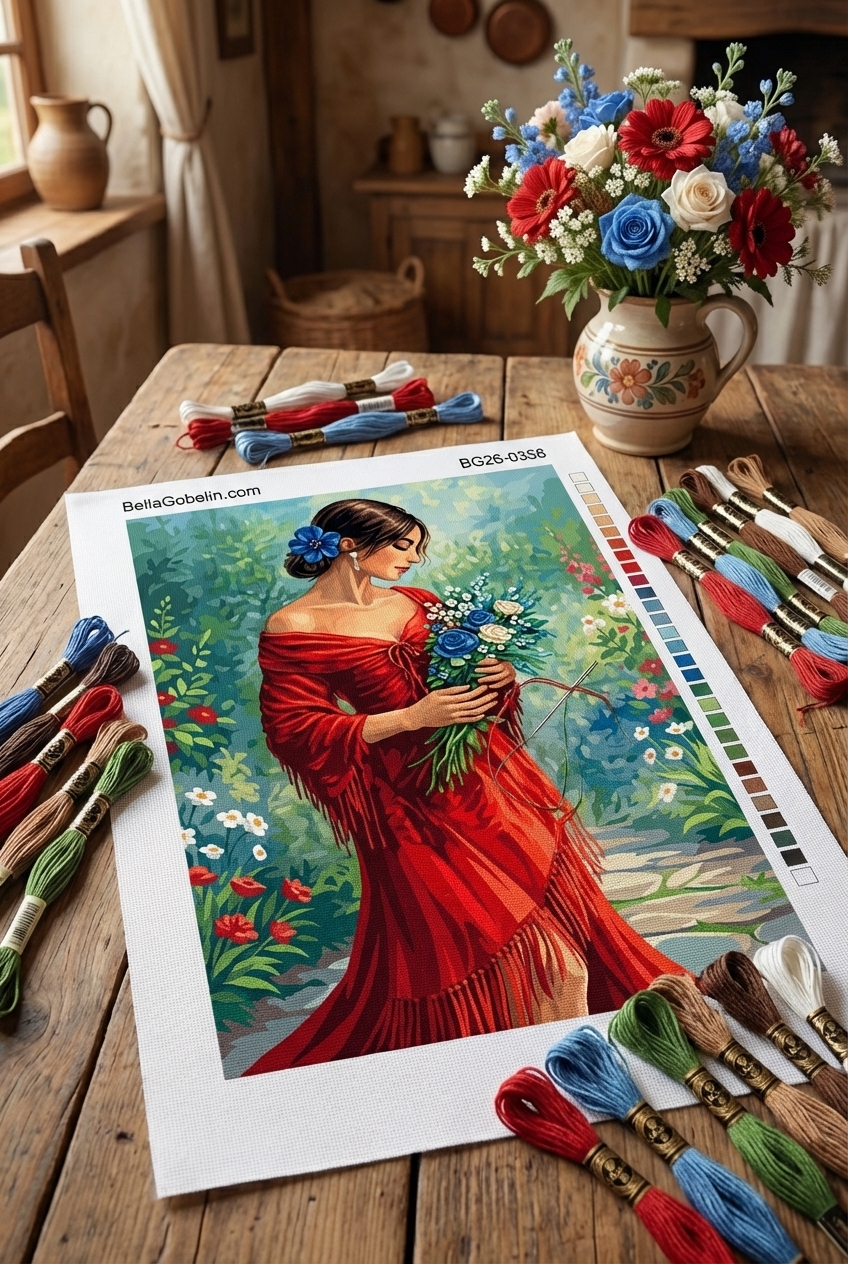 Lady in red dress with flowers