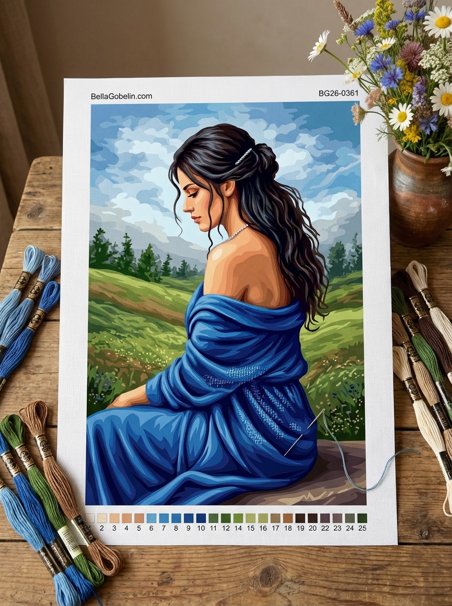 Blue-dressed lady in the meadow