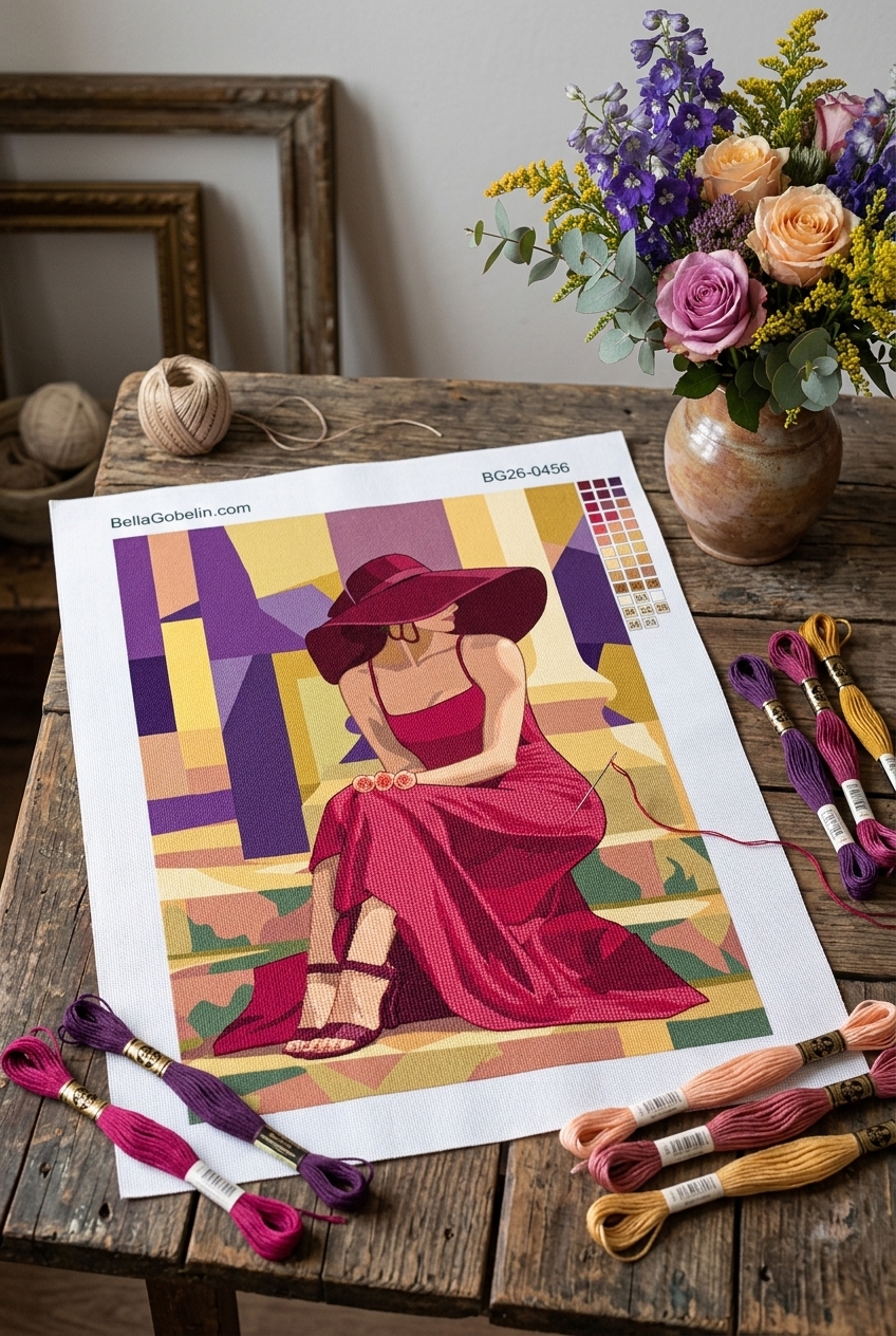 Elegant lady in a hat - version in a crimson dress