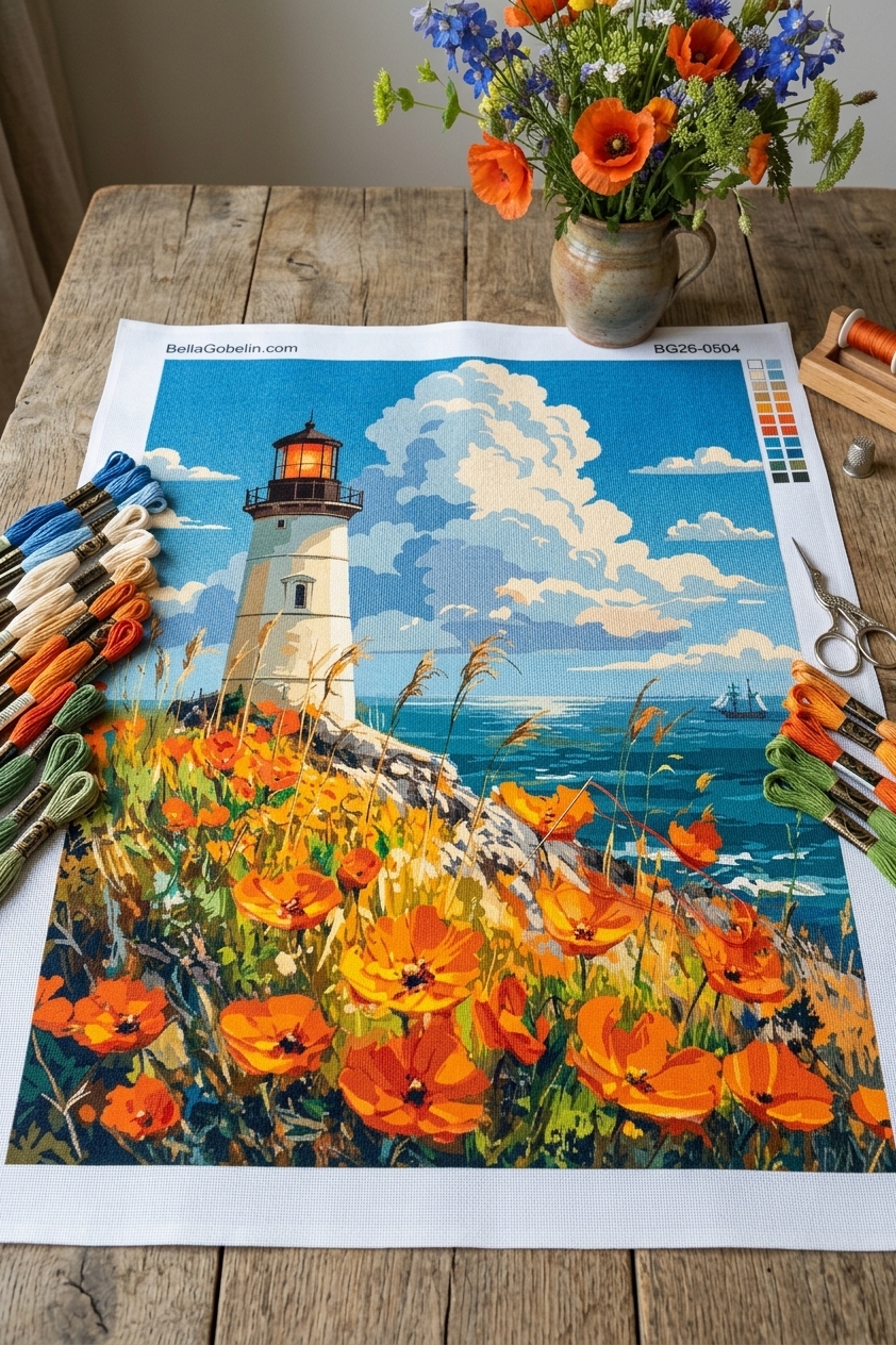 Lighthouse on a floral beach