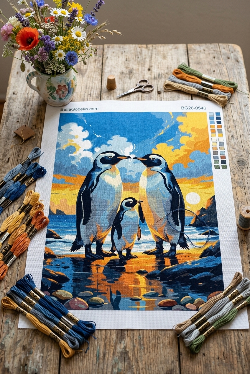 Penguin family on the beach