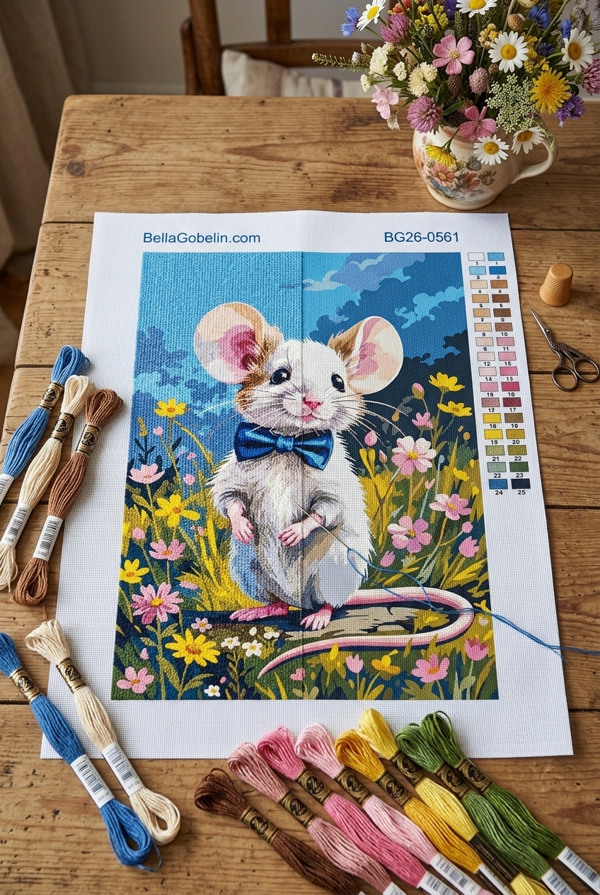 Elegant little mouse in a flowery meadow