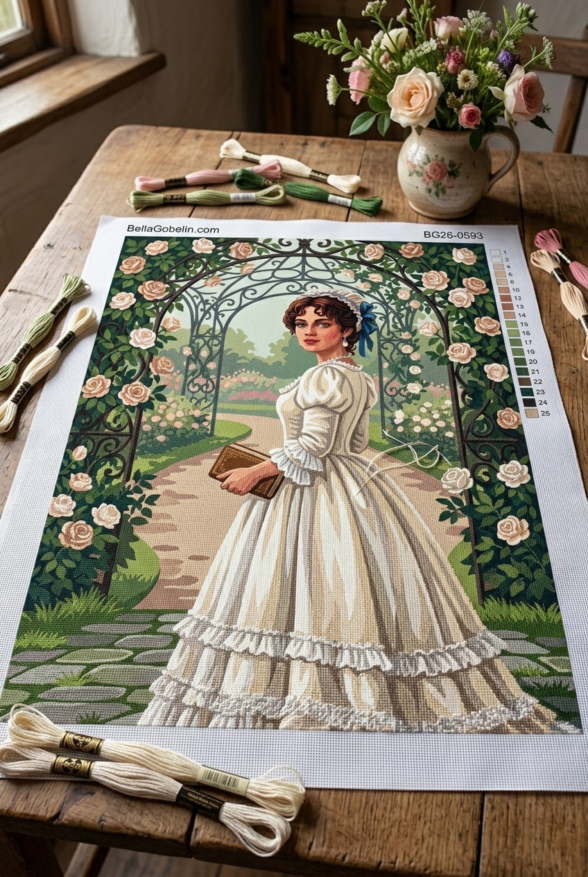 Lady in a rose garden