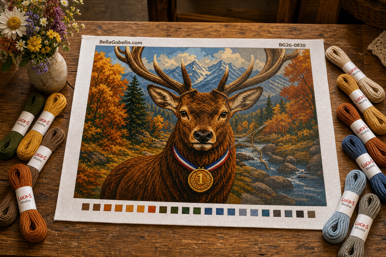 Golden medal stag in autumn landscape
