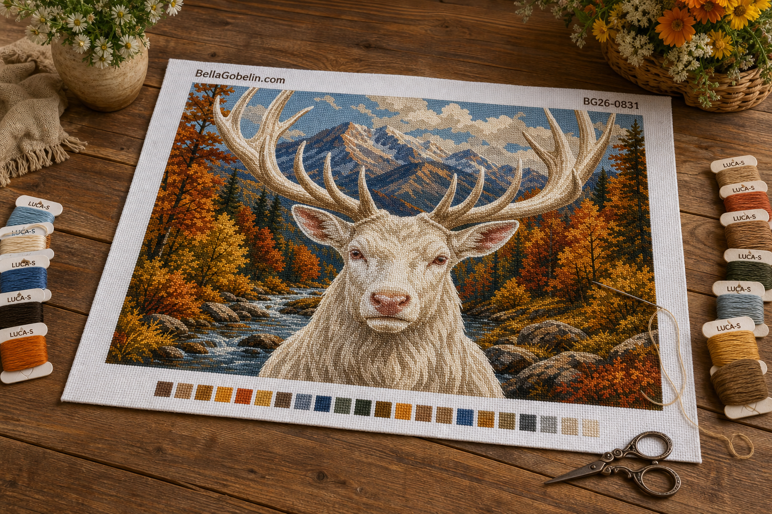Albino stag in autumn landscape