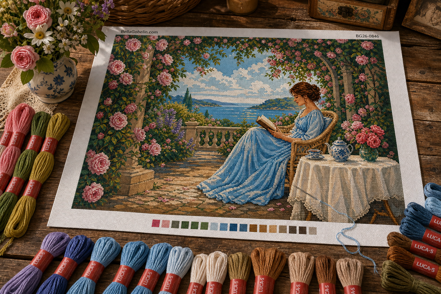 Lady reader under the rose arbor