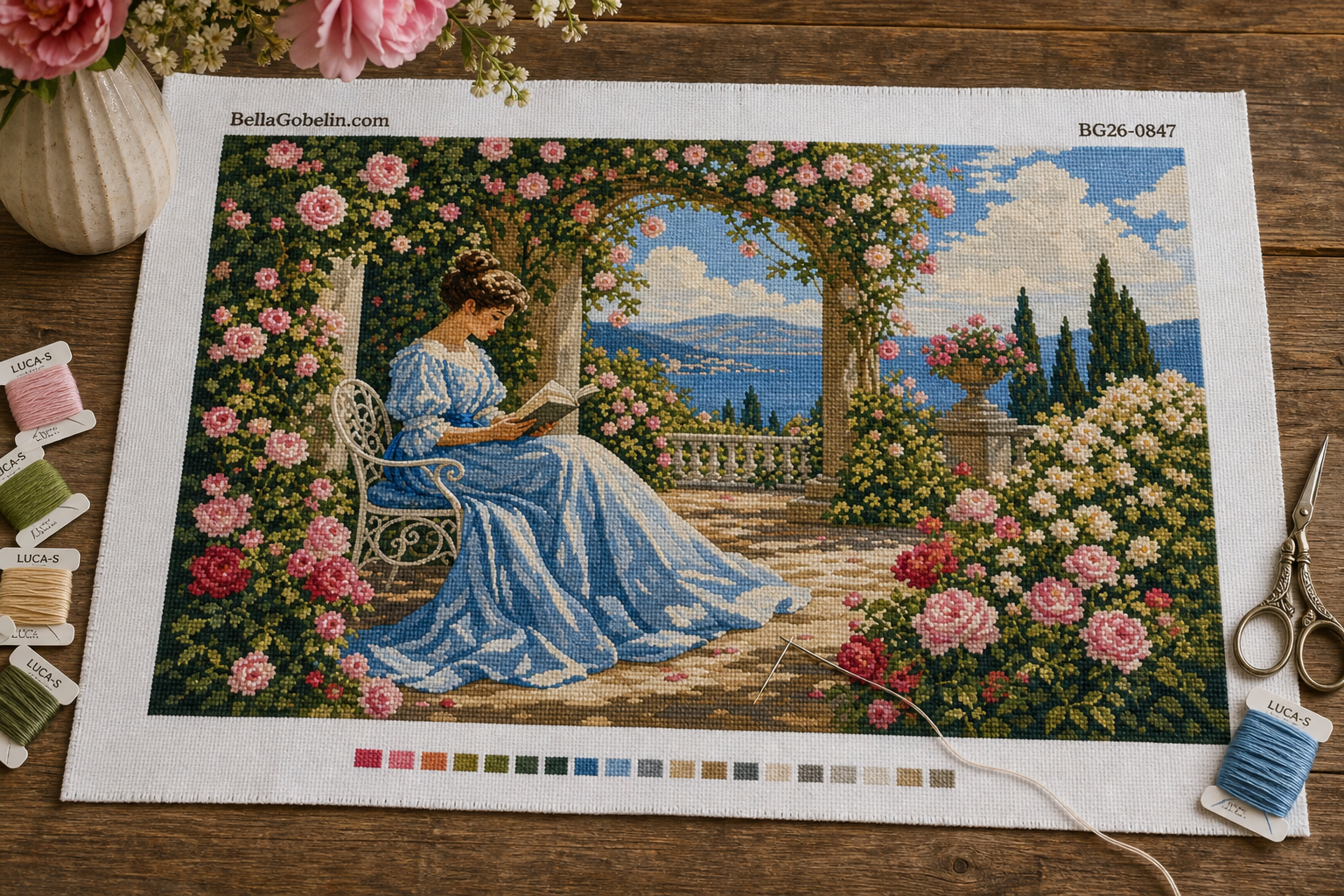Lady reading under the rose arbor