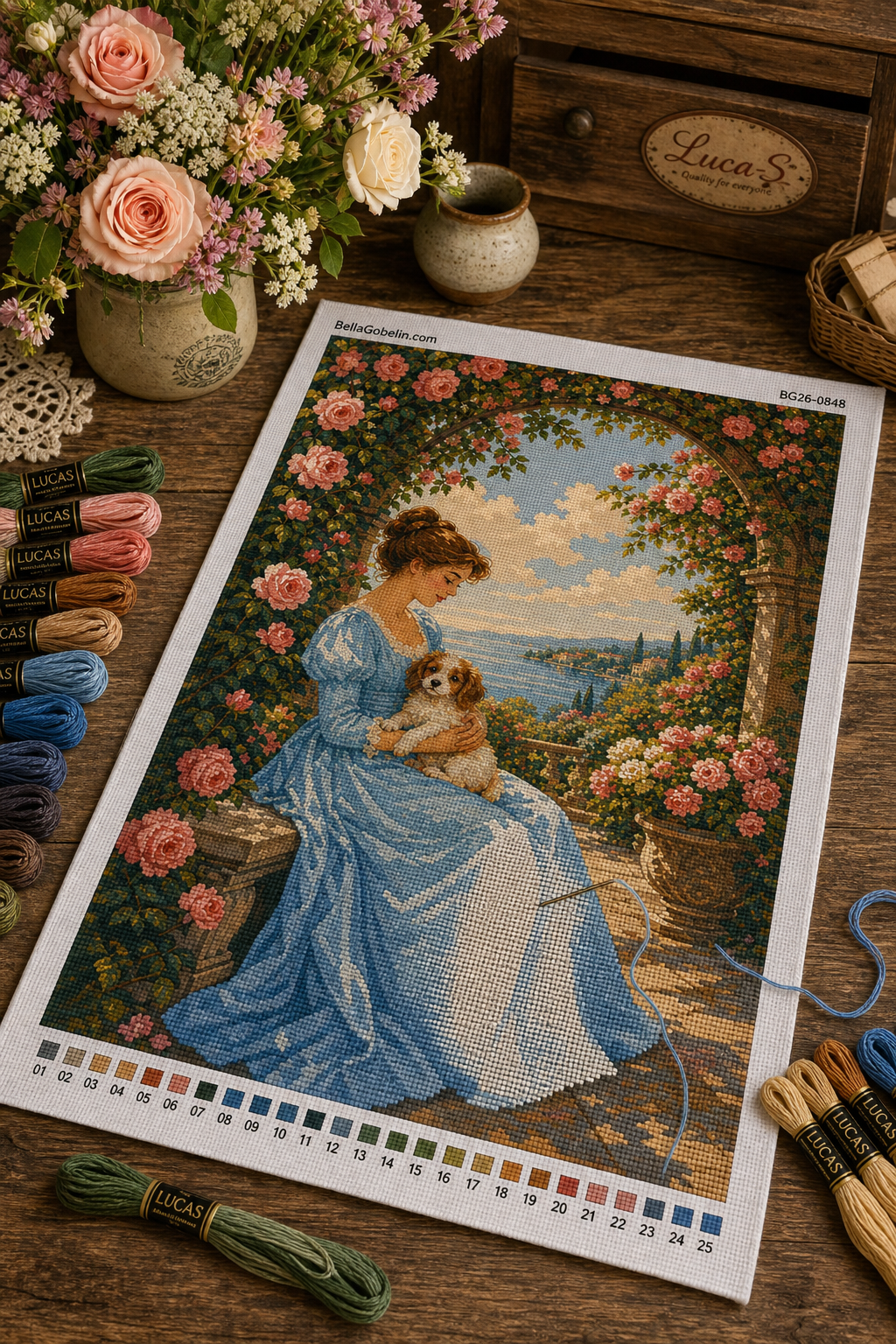 Lady with a puppy under a rose arbor