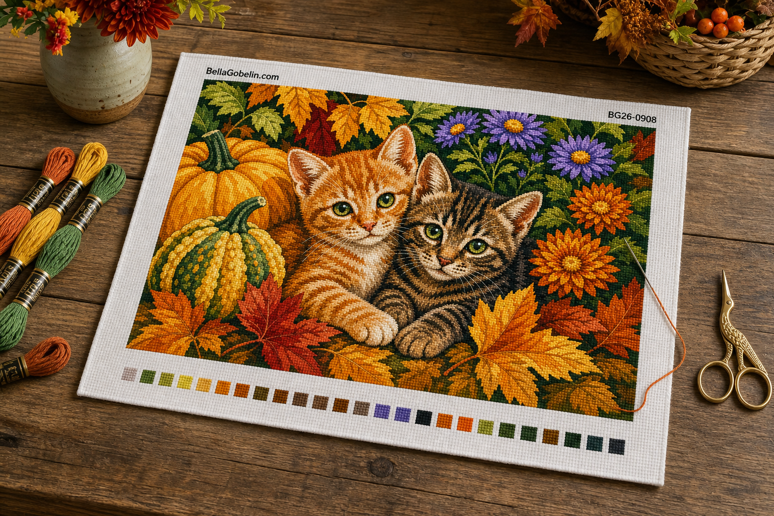 Autumn kittens among pumpkins