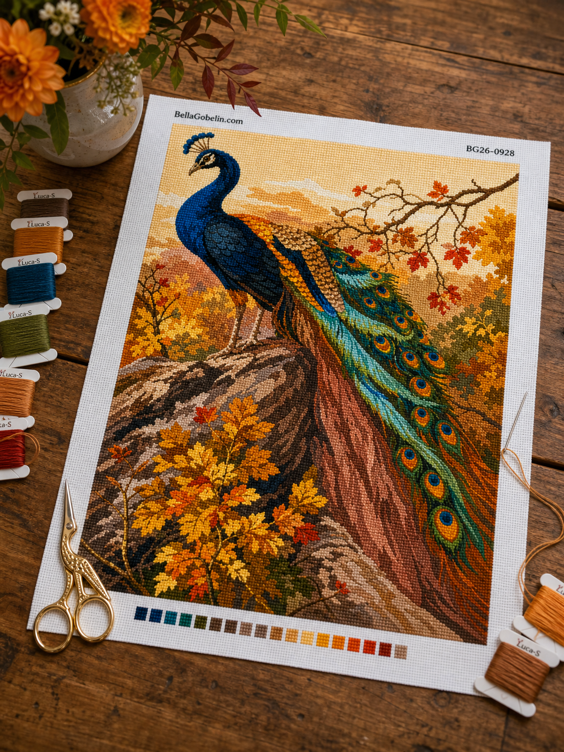 Peacock rooster in an autumn still life