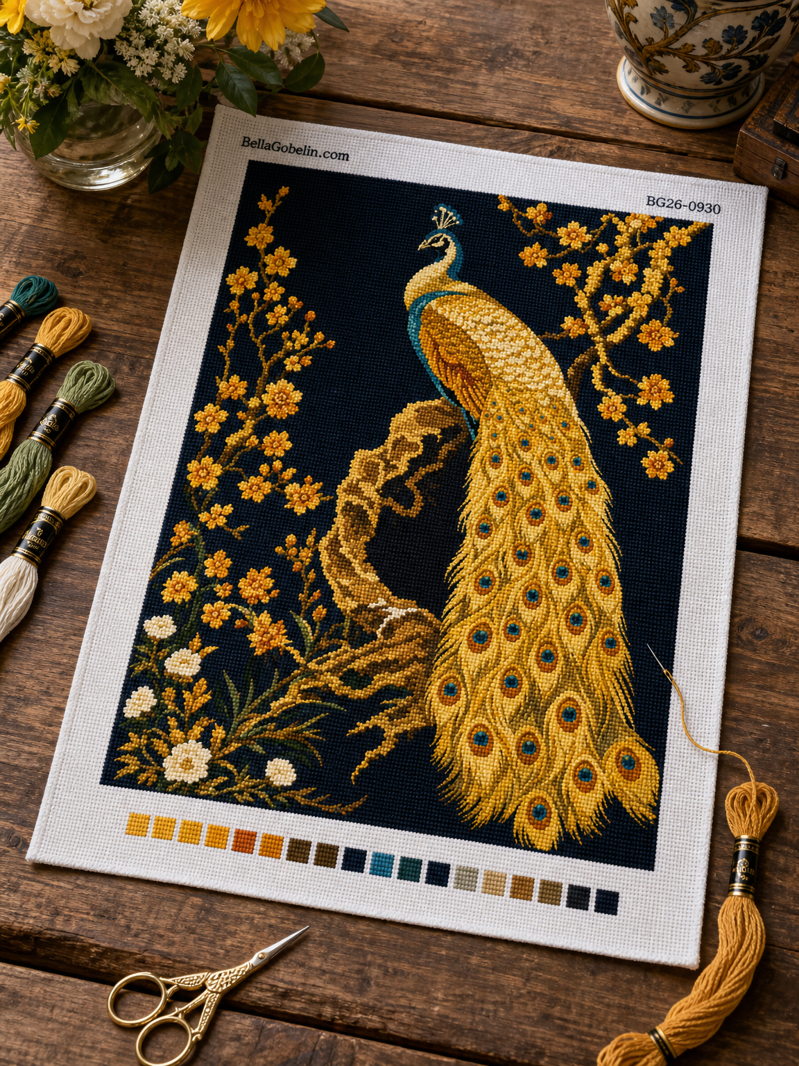 Golden peacock on blooming branches