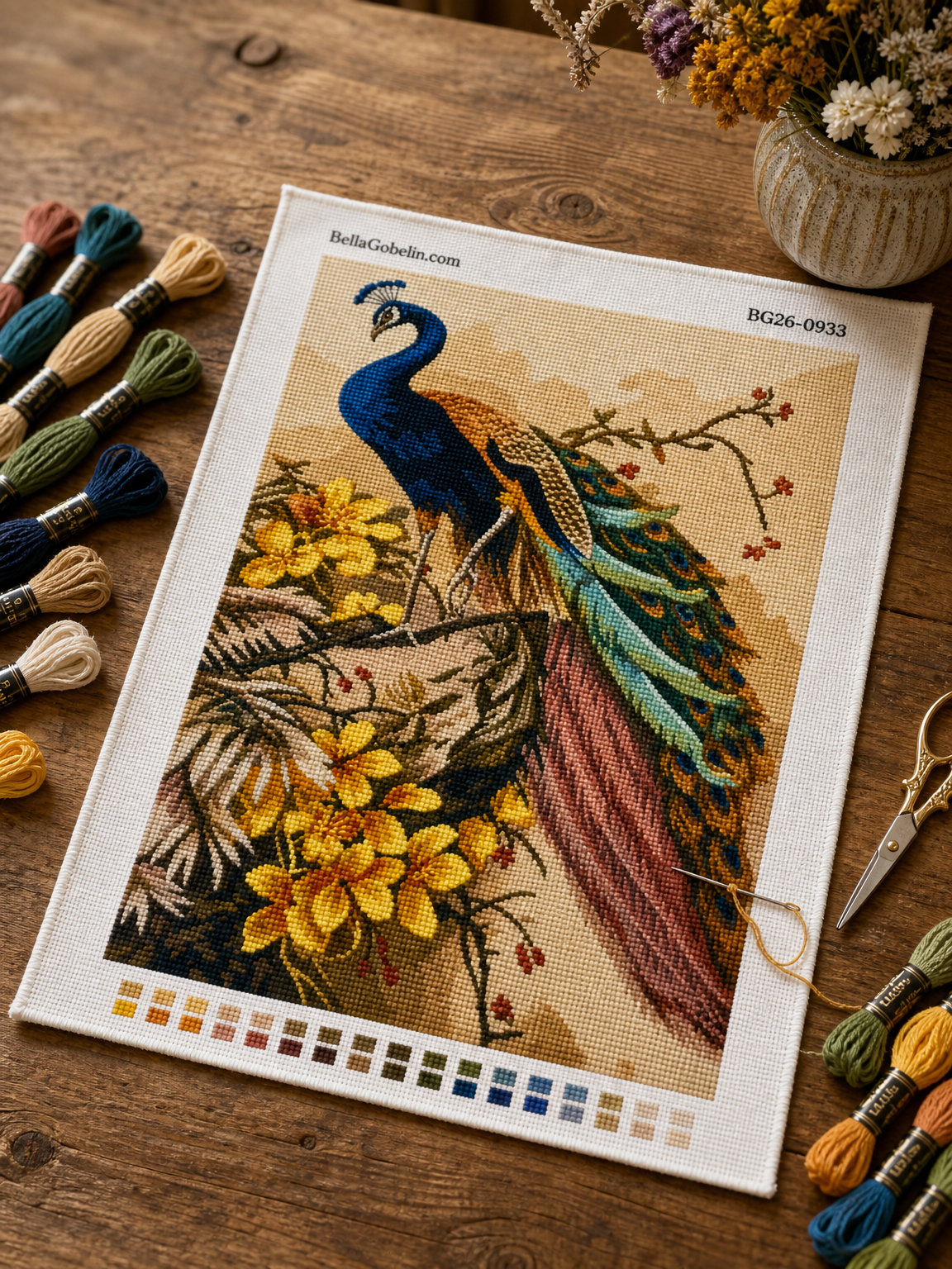 Peacock on flowering branches