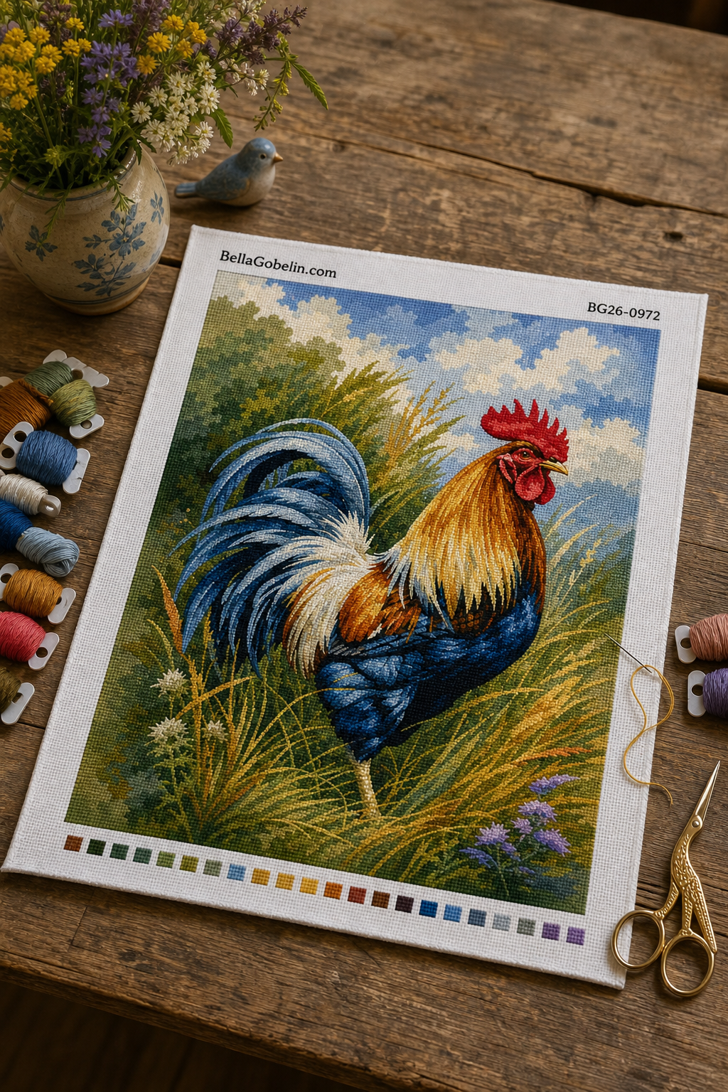 Colorful rooster in the meadow