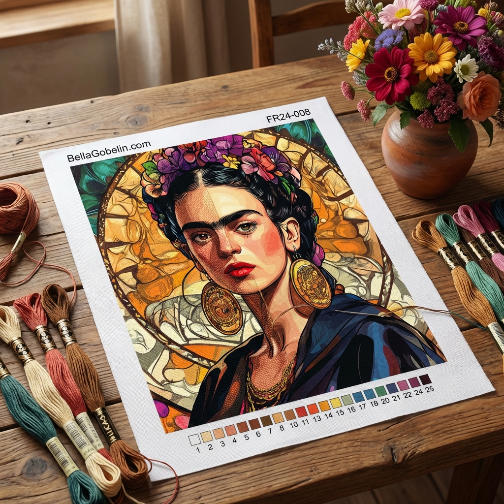 Frida Kahlo portrait in the style of Alphonse Mucha.
